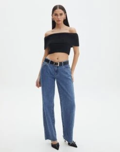 Foldover Off Shoulder Cropped Knit -GLASSONS CLOTHING harper off shoulder fluffy knit black full kv106717knt