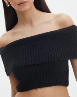 Foldover Off Shoulder Cropped Knit -GLASSONS CLOTHING harper off shoulder fluffy knit black imageback kv106717knt