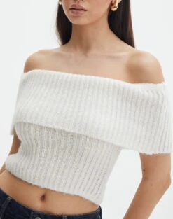 Foldover Off Shoulder Cropped Knit -GLASSONS CLOTHING harper off shoulder fluffy knit milk imageback kv106717knt