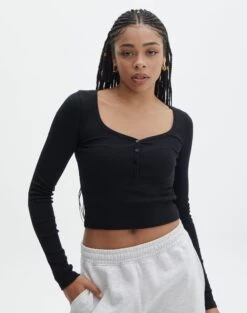 Long Sleeve Button Scoop Neck Top -GLASSONS CLOTHING harrison henley longsleeve black front tl114637ocot 1