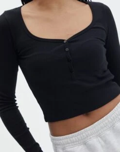 Long Sleeve Button Scoop Neck Top -GLASSONS CLOTHING harrison henley longsleeve black imageback tl114637ocot