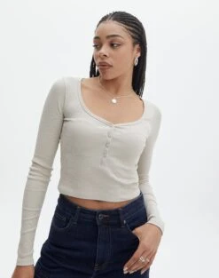 Long Sleeve Button Scoop Neck Top -GLASSONS CLOTHING harrison henley longsleeve head in the sand front tl114637ocot 1