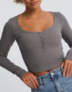 Long Sleeve Button Scoop Neck Top -GLASSONS CLOTHING harrison henley longsleeve keep your coal imageback tl114637ocot