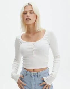 Long Sleeve Button Scoop Neck Top -GLASSONS CLOTHING harrison henley longsleeve milk front tl114637ocot 1