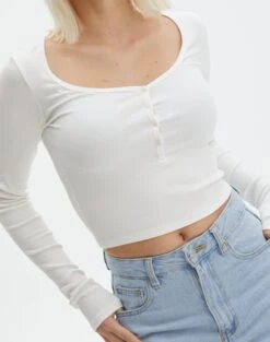 Long Sleeve Button Scoop Neck Top -GLASSONS CLOTHING harrison henley longsleeve milk imageback tl114637ocot