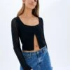 Crochet Split Front Hook Eye Top -GLASSONS CLOTHING kory knit keyhole top black front kc80507cro