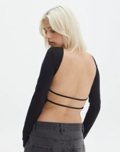 Open Strappy Back Long Sleeve Top -GLASSONS CLOTHING lana strap open back top black back tl142894des