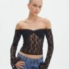 Off Shoulder Lace Long Sleeve Top -GLASSONS CLOTHING lexi longsleeve lace top black front tl116985lac