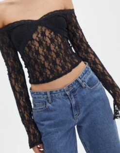 Off Shoulder Lace Long Sleeve Top 25 Off Shoulder Lace Long Sleeve Top -GLASSONS CLOTHING lexi longsleeve lace top black imageback tl116985lac