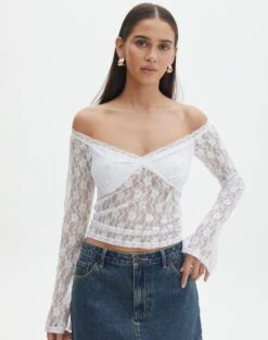 Off Shoulder Lace Long Sleeve Top 32 Off Shoulder Lace Long Sleeve Top -GLASSONS CLOTHING lexi longsleeve lace top white front tl116985lac