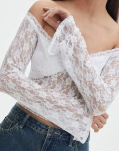 Off Shoulder Lace Long Sleeve Top 35 Off Shoulder Lace Long Sleeve Top -GLASSONS CLOTHING lexi longsleeve lace top white imageback tl116985lac