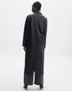 Faux Leather Longline Collared Coat -GLASSONS CLOTHING liberty long line coat black back cl124199pu