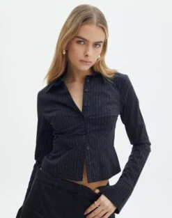 Tailored Pinstripe V Neck Vest -GLASSONS CLOTHING lindy button up black pinstripe front bl128216pin