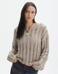 Sheer Ladder Knit Button Up Top -GLASSONS CLOTHING lizzy ladder neutral marle front kl124032knt 1