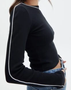 Contrast Stitch Long Sleeve Top -GLASSONS CLOTHING mac contrast bind top blackwhite imageback tl54279rib