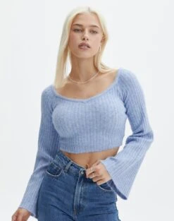 Off Shoulder Long Sleeve Cropped Knit -GLASSONS CLOTHING mariah v neck rib top icecap front kl98427rrec 2