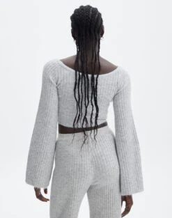 Off Shoulder Long Sleeve Cropped Knit -GLASSONS CLOTHING mariah v neck rib top pale grey marle back kl98427rrec