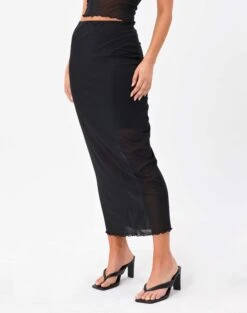 Mesh Lettuce Trim Midi Skirt -GLASSONS CLOTHING marina mesh midi skirt black detail sl53303msh
