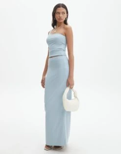 Double Button Knee Length Denim Skirt -GLASSONS CLOTHING meg supersoft maxi skirt blue bubble front sl51179pln