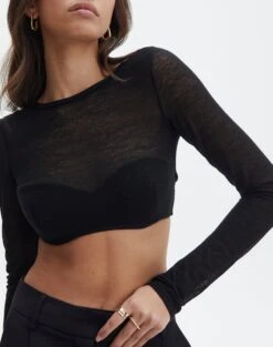 Sheer Backless Long Sleeve Crop Top -GLASSONS CLOTHING mila underwire super crop black imageback tl112008msh