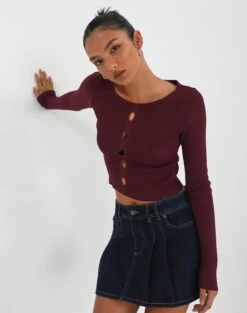 Twist Split Front Long Sleeve Knit -GLASSONS CLOTHING monita multi cut out knit red chocolate front kl95709vn 2