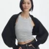 Balloon Sleeve Rib Knit Shrug -GLASSONS CLOTHING naomi cosy shrug black front kc106720knt