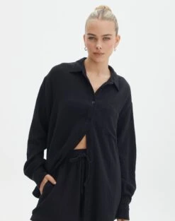 Faux Leather Tie Back Scarf Top 37 Faux Leather Tie Back Scarf Top -GLASSONS CLOTHING o co snoop muslin black front bl122896mus