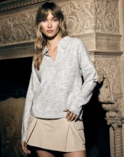 Long Sleeve Collared Knit 27 Long Sleeve Collared Knit -GLASSONS CLOTHING obisanya open neck pale grey marle front kl78685rpol