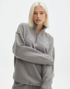 Oversized Embroidered Quarter Zip Sweater -GLASSONS CLOTHING olivia oversized quarter zip portland gunsmoke detail tl97172oemb