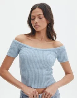 Knit Off The Shoulder Crop Top -GLASSONS CLOTHING opal off the shoulder top blue bubble front ks130295knt