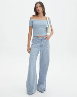 Knit Off The Shoulder Crop Top -GLASSONS CLOTHING opal off the shoulder top blue bubble full ks130295knt
