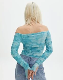 Ruched Print Mesh Off The Shoulder Top -GLASSONS CLOTHING oreo off the shoulder top aqua tie dye back tl124256rprt