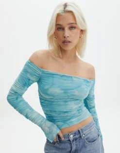 Ruched Print Mesh Off The Shoulder Top -GLASSONS CLOTHING oreo off the shoulder top aqua tie dye front tl124256rprt