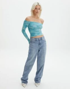 Ruched Print Mesh Off The Shoulder Top -GLASSONS CLOTHING oreo off the shoulder top aqua tie dye full tl124256rprt