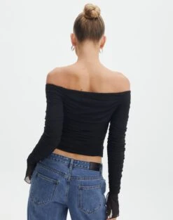 Ruched Mesh Off The Shoulder Top -GLASSONS CLOTHING oreo off the shoulder top black back tl124256rmsh