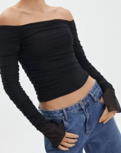 Ruched Mesh Off The Shoulder Top -GLASSONS CLOTHING oreo off the shoulder top black imageback tl124256rmsh