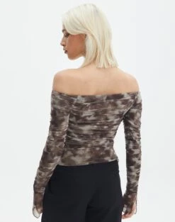 Ruched Print Mesh Off The Shoulder Top -GLASSONS CLOTHING oreo off the shoulder top soy coffee tie dye back tl124256rprt