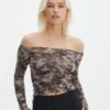 Ruched Print Mesh Off The Shoulder Top -GLASSONS CLOTHING oreo off the shoulder top soy coffee tie dye front tl124256rprt