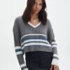 V-Neck Drop Shoulder Varsity Knit Jumper -GLASSONS CLOTHING paige preppy v neck coal stripe front kl90519ostp