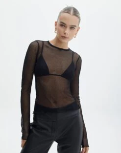 Off Shoulder Flared Long Sleeve Top -GLASSONS CLOTHING phoebe fishnet longsleeve black front tl126997fsh