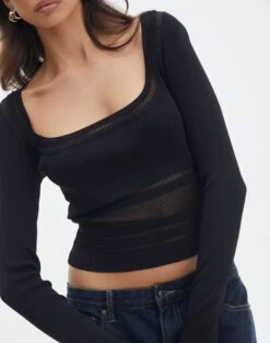 Panelled Knit Long Sleeve Top -GLASSONS CLOTHING pinny panelled longsleeve black imageback kl114624vn