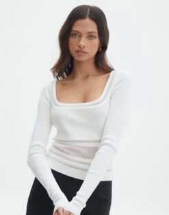 Panelled Knit Long Sleeve Top -GLASSONS CLOTHING pinny panelled longsleeve white front kl114624vn