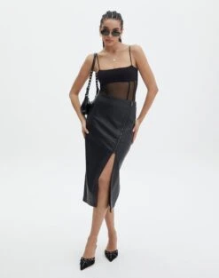 Mesh Lettuce Trim Midi Skirt -GLASSONS CLOTHING preston pu moto midi skirt black front sl109365pu 9