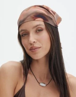 Linen Tailored Vest -GLASSONS CLOTHING printed satin headscarf coffee skies front ha47085prt 1