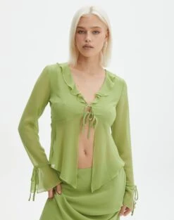 Mesh Frill Split Tie Front Blouse