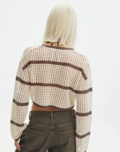 Crochet Stripe Long Sleeve Top -GLASSONS CLOTHING raven crochet longsleeve boneirish stripe back kl125709cro