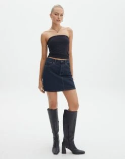 Double Button Knee Length Denim Skirt -GLASSONS CLOTHING remi high rise denim skirt last rodeo indigo front ss145806rdnm
