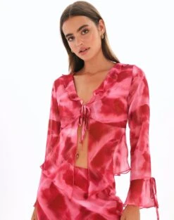 Split Tie Front Print Blouse -GLASSONS CLOTHING riley ruffle blouse carnation skies front bl64192prt 2