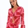 Print Frill Split Tie Front Blouse -GLASSONS CLOTHING riley ruffle blouse carnation skies front bl64192prt 4