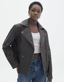Washed Faux Leather Oversized Moto Jacket
